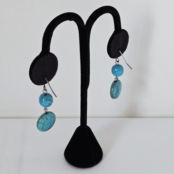 Faux Turquoise Earrings Dangle Drop Pierced Blue Beaded Casual Southwestern Boho - Picture 8 of 8